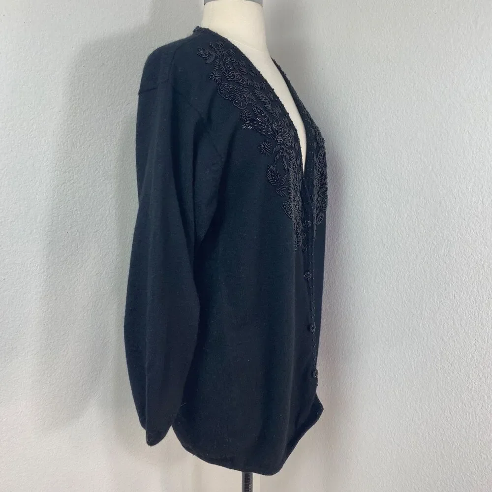 Vintage Karen Kane Black Merino Wool Beaded Cardigan Sweater Med Button Front